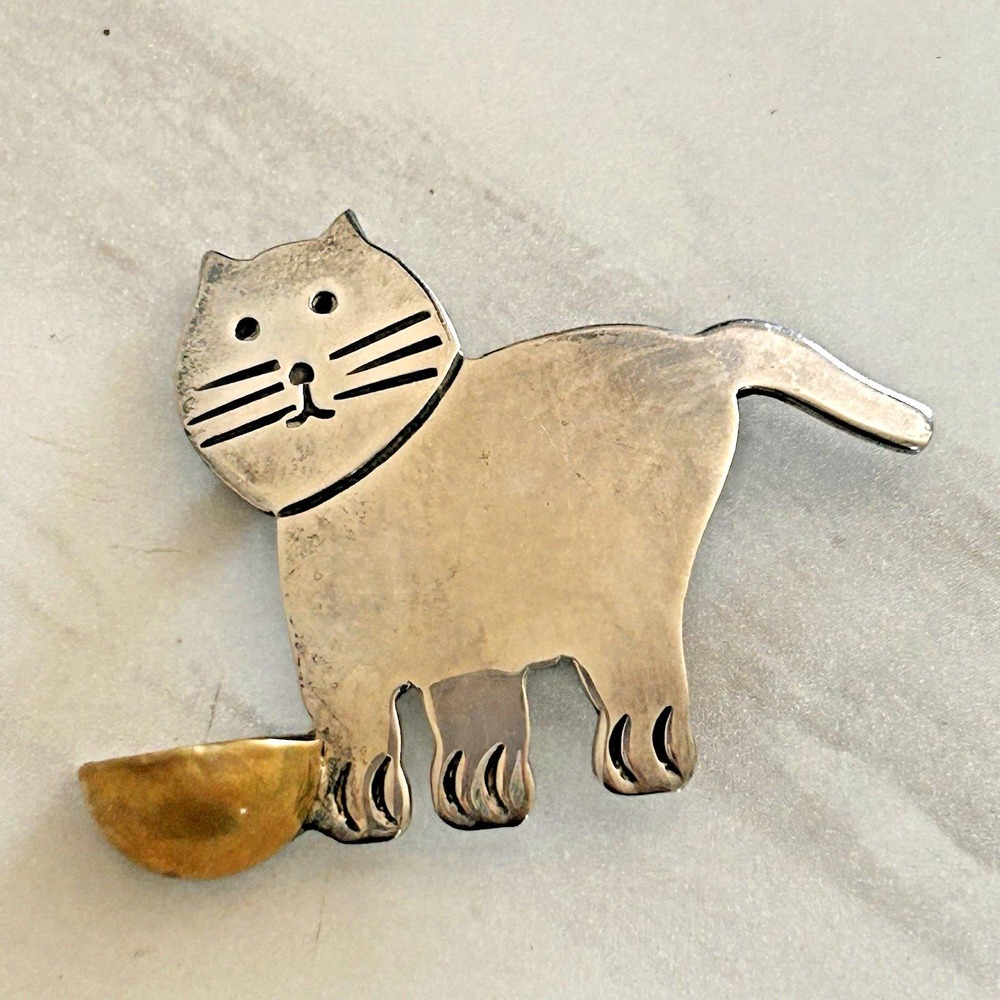 Taxco Sterling Silver 925 Standing Cat Bowl Brooch Modernist OMA TM 212 Mexico